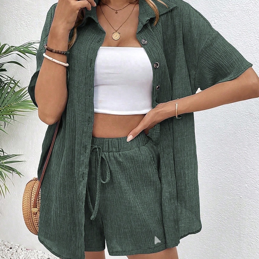 Crinkle Textured Shirt and Shorts Set